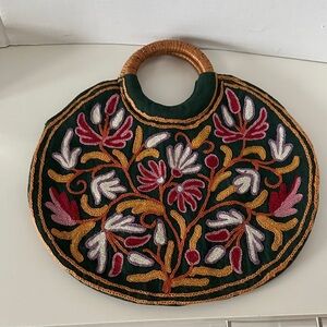 Vintage Mexican Inspired Embroidered Green Floral with Rattan Handle